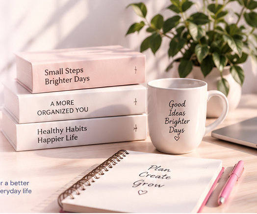 Professional lifestyle workspace with books, notebook, mug and plant